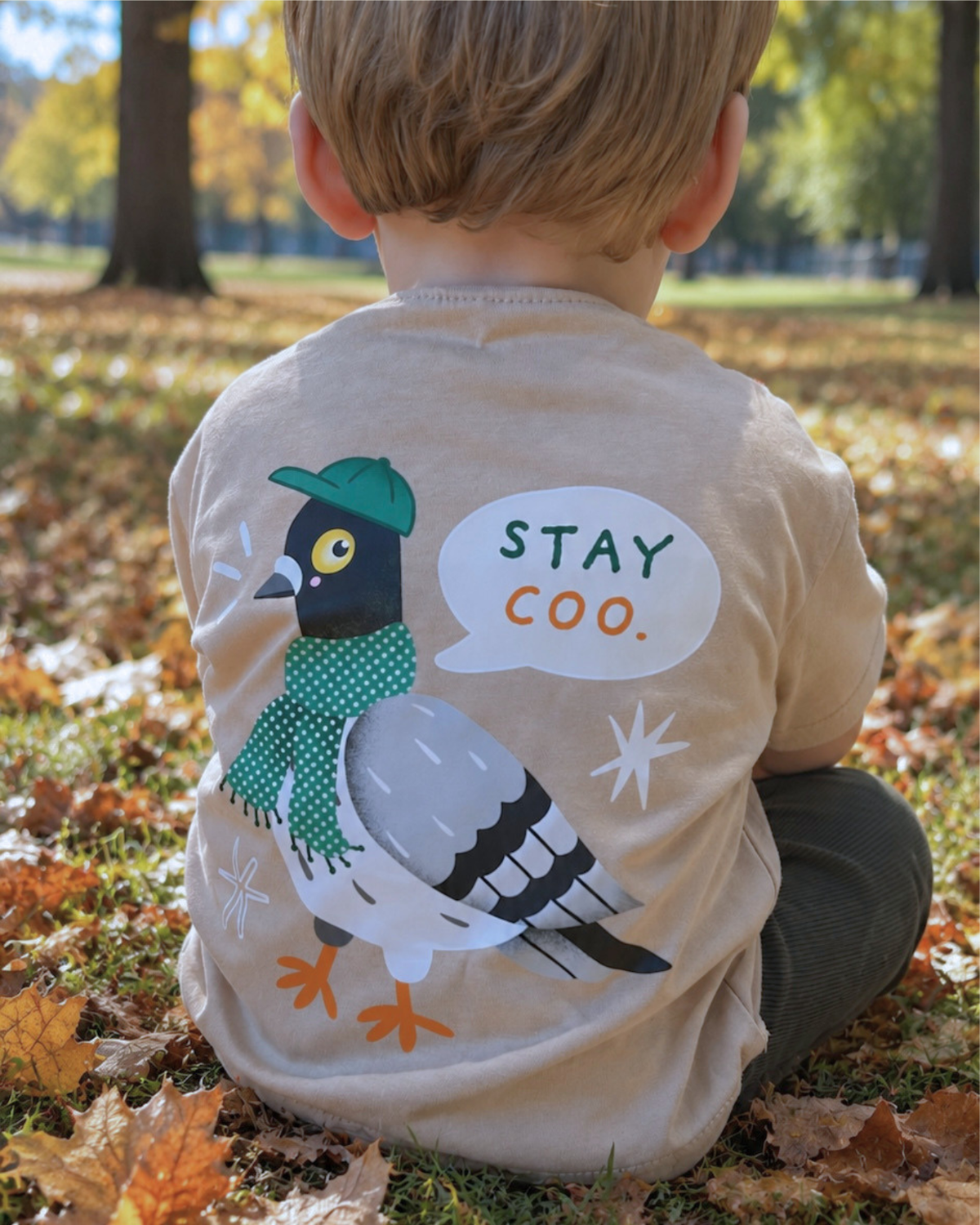 Child sitting among autumn leaves in a beige Stay Coo. long sleeve T-shirt, showing the pigeon back print.