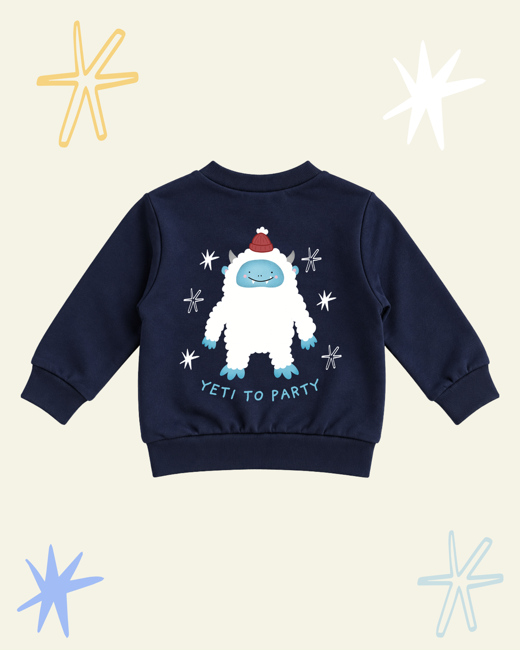 Back of navy Yeti to Party kids' sweatshirt with a white yeti, stars and Yeti to Party lettering.