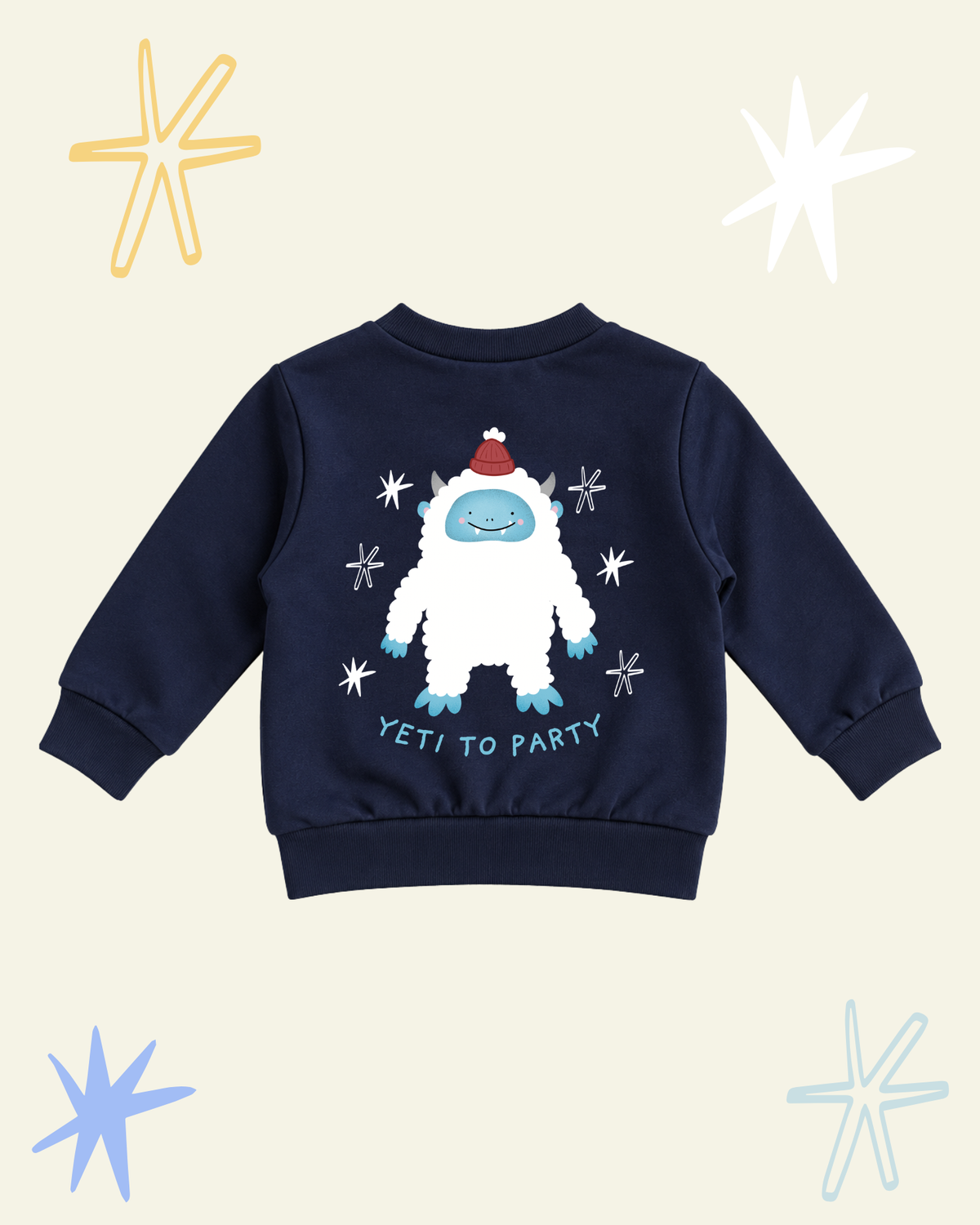 Back of navy Yeti to Party kids' sweatshirt with a white yeti, stars and Yeti to Party lettering.