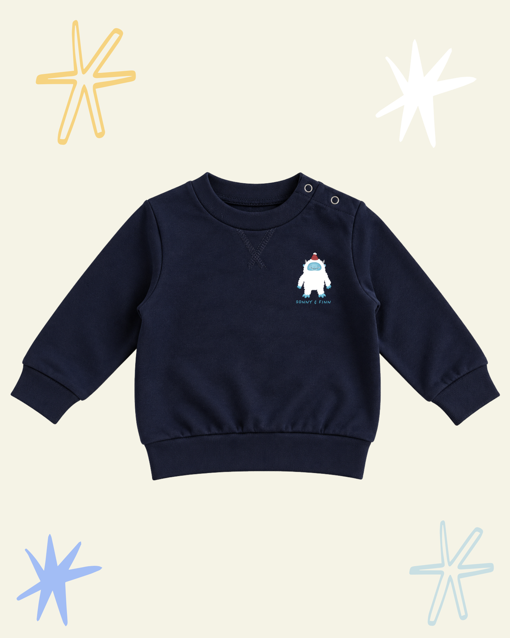 Front of navy Yeti to Party sweatshirt with shoulder poppers and a small yeti above the Sonny and Finn logo.