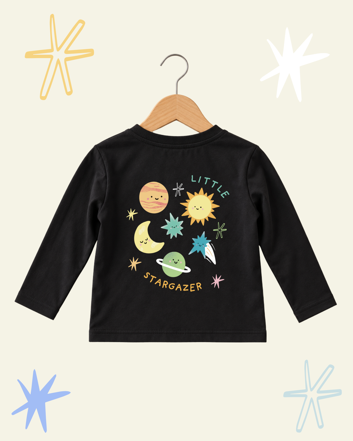 Back of black Stargazer kids' long sleeve T-shirt with colourful space characters and Little Stargazer lettering.